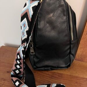 Black Leather Crossbody Bag with Patterned Strap